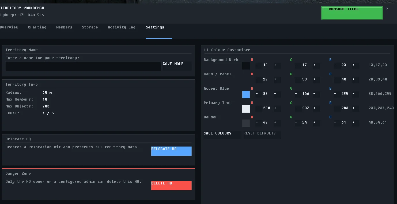 แท็บ Settings ของโต๊ะ Territory Workbench แสดงปุ่ม RELOCATE HQ สีน้ำเงินและ DELETE HQ สีแดง