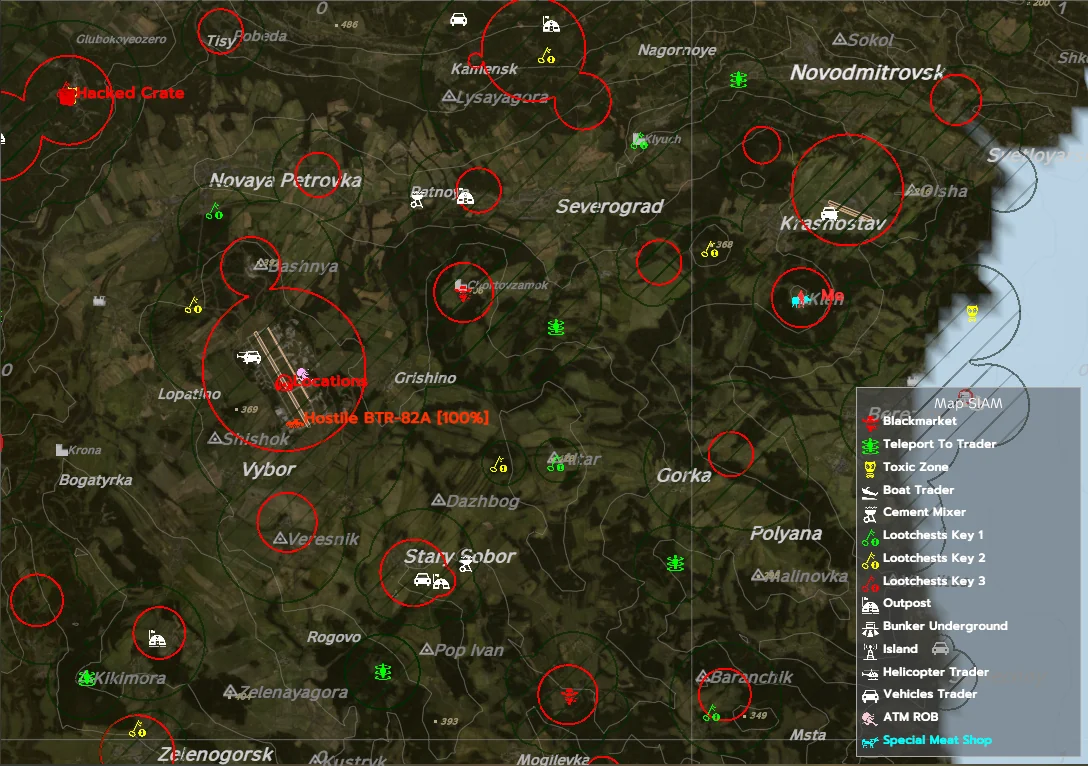 แผนที่เซิร์ฟเวอร์ SIAM แสดงโซน PVP วงกลมสีแดงและจุดสำคัญต่าง ๆ